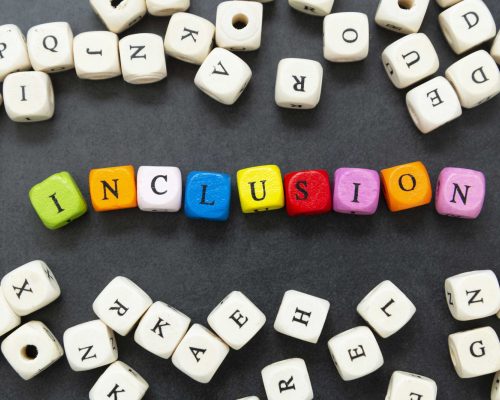 Inclusion text multi colored cubes dark background inclusive social concept 2