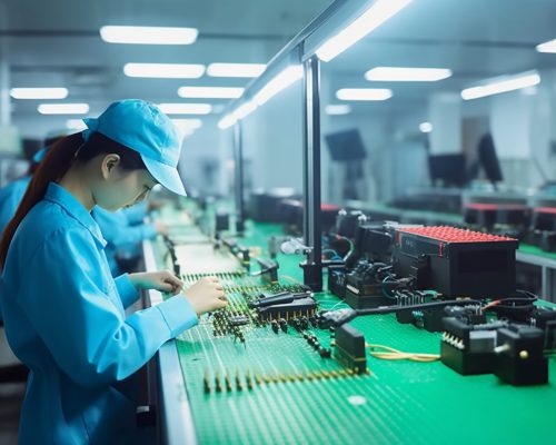 Woman working machine factory